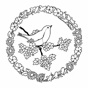 Rosamund: Robin inside a wreath of spring flowers