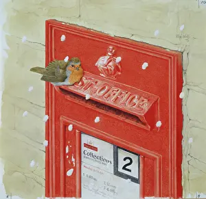 Letterbox: Robin on Letterbox in Wall ' with snow