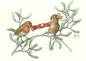 Whimsical: Robin and mouse pull Christmas cracker