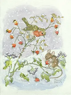 Medici Society (molly Brett): Robin and mouse, with rosehips & ivy in snow