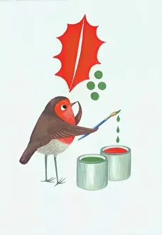 Drip: Robin Painting a Holly Leaf and Berries