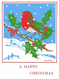 Four Colour: Robin perched on holly bough in the snow