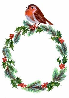 Brough: Robin perched on holly wreath