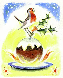Sprig: Robin perched on a plum pudding