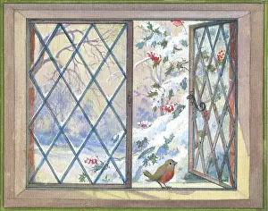 Forestier: Robin perched on window ledge, snow outside