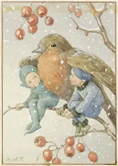 Whimsical: A robin shelters two elves from the snow
