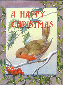 Forestier: Robin on snowy branch with holly and mistletoe