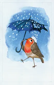 Cute Christmas: Robin with umbrella in falling snow