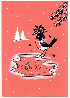 Adair: Robin wearing hat on frozen pond with fish