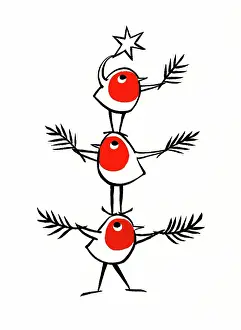 Margery: Three robins balancing as Christmas tree