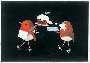 Retro Christmas: Two Robins carrying a Christmas pudding