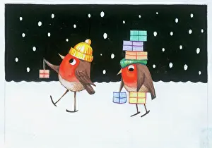 Inequality: Two Robins carrying parcels in the snow