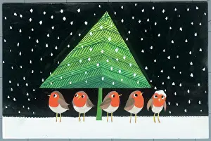 Sheltering: Five Robins under a Christmas Tree