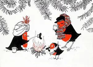 Robins cooking sausages over fire