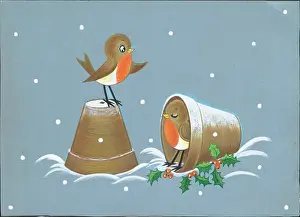 Upturned: Robins and Flowerpots - one robin standing on upturned flowe