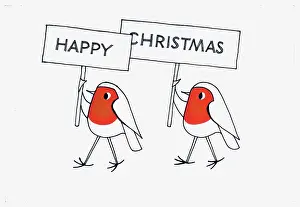 Cute Christmas: Two Robins with Happy Christmas Placards