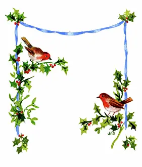 Ockenden: Two Robins with holly and blue ribbon