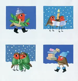 Cute Christmas: Robins with Holly, Candle, Presents and Singing