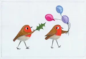 Spikes: Two Robins with holly leaf and three balloons