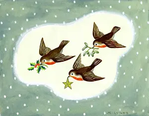 Three robins with holly, mistletoe and a star