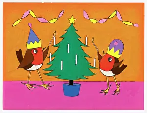 Cute Christmas: Robins Lighting Candles on Christmas Tree