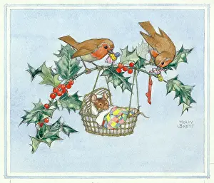 Whimsical: Robins and mouse at Christmas
