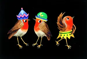 Cute Christmas: Three Robins with paper hats