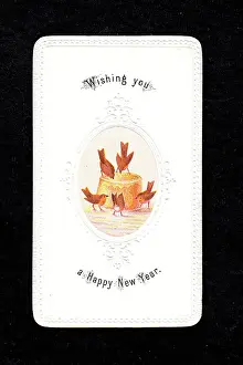 Pecking: Five robins with pie on a New Year card