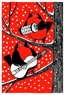 Concertina: Two robins playing concertina and guitar