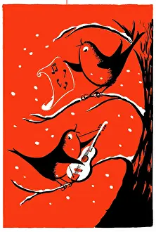 Two Colour: Two robins playing guitar and singing