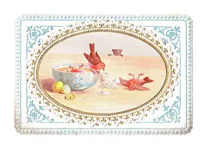 Three robins sampling the punch on a Christmas card