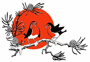 Cones: Two robins singing on a branch