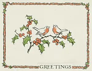 Twigs: Two robins sitting on a holly branch