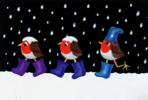 Cute Christmas: Three Robins with Wellington boots in snow
