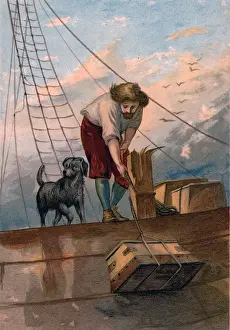 Shipwreck: Robinson Crusoe, accompanied by his dog, by Daniel Defoe