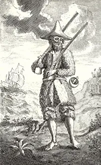 Shipwreck: Robinson Crusoe, barefoot and dressed in goatskins