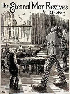 Striding: Robot shocks a group of men