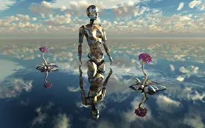 Biomechanical: A robotic android walking through its garden