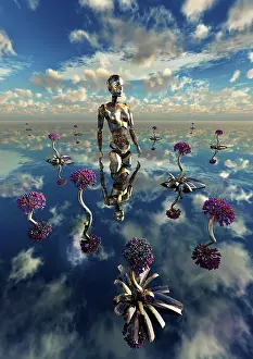 Biomechanical: A robotic android walking through its garden
