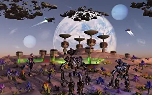 Cybernetic: Robots busy at work constructing a new base on an alien moon