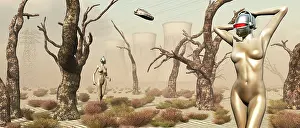 Cybernetic: Robots walking about a landscape destroyed by pollution