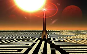 Searching: A rocket at the center of a maze with a lone figure