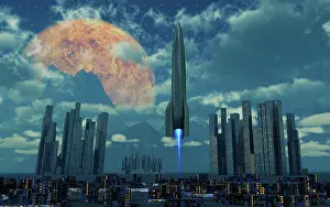 Metropolis: A rocket launching from a futuristic city on an