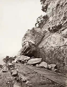Kandy: Rockfall, Kandy railway, Ceylon, Sri Lanka