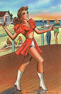 Underclothes: Roller-skating girl cutting a dash on the beachside boardwal