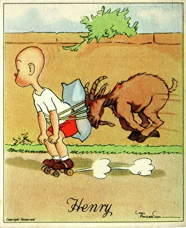 Propulsion: Roller skating with goat propulsion, Henry cartoon