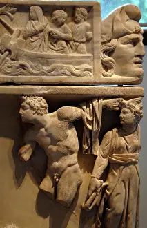 Attendant: Roman art. Fragmentary marble sarcophagus with scenes from t