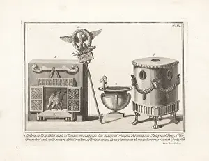 Augur: Roman augur's birdcage, standard, Greek vase and hearth