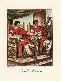 Lictors: Two Roman consuls seated on thrones in ancient Rome