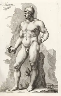 Galleria Giustiniana: Roman gladiator with helmet, sword and scabbard